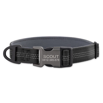 Personalised Reflective Nylon Dog Collar – Laser Engraved Buckle, Neoprene Padded.