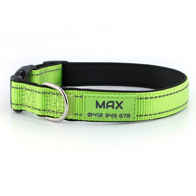 Green Personalised dog collar with black name and phone number padded