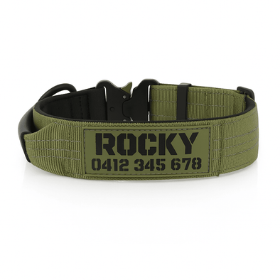 Personalised Tactical Dog Collar – Printed ID Patch with Leather Handle | Reflective Heavy-Duty