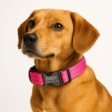 Personalised Reflective Nylon Dog Collar – Laser Engraved Buckle, Neoprene Padded.