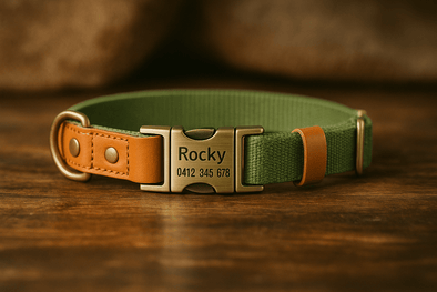 Personalised Hemp & Leather Dog Collar – Laser Engraved Buckle, Double-Layer Hemp Webbing