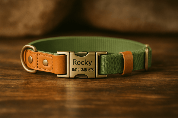 Personalised Hemp & Leather Dog Collar – Laser Engraved Buckle, Double-Layer Hemp Webbing