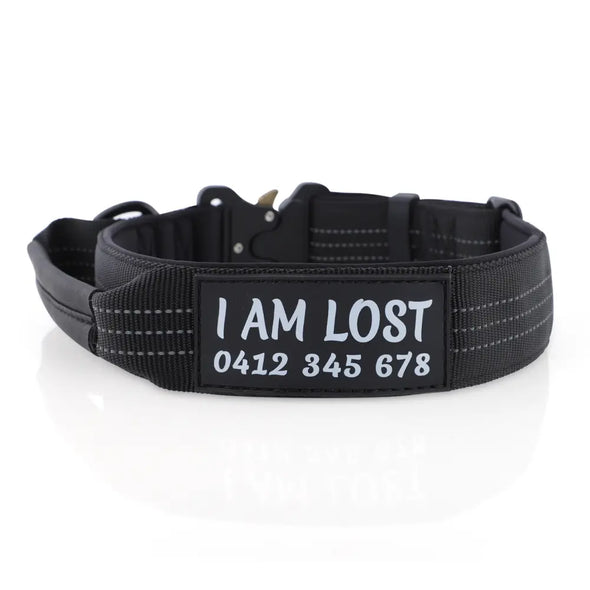 Personalised Tactical Dog Collar – Printed ID Patch with Leather Handle | Reflective Heavy-Duty