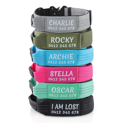 Personalised Tactical Dog Collar – Printed ID Patch with Leather Handle | Reflective Heavy-Duty